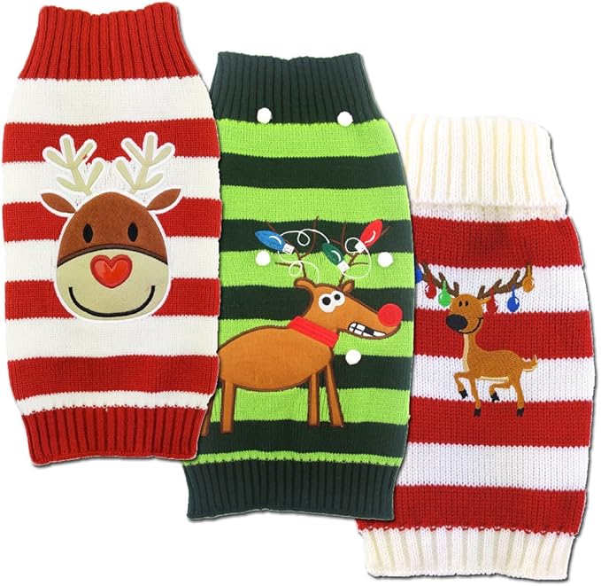Mikayoo pet Sweater for Small Dog/cat,Ugly Sweater,Color Horizontal Stripes,Christmas Holiday Xmas, Elk Series, Reindeer Series,with Bells(Green,S)