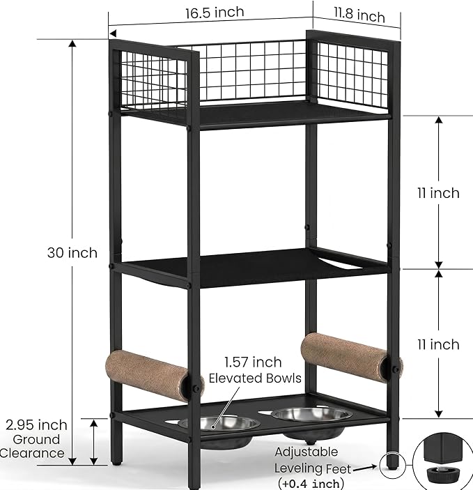 Cat Feeding Station Furniture with Scratching Post, 3-Tier Cat Food Organizer & Storage, Raised Feeding Stand with 2 Stainless Steel Bowls, Space-Saving Cat Shelf for Small Spaces, Black