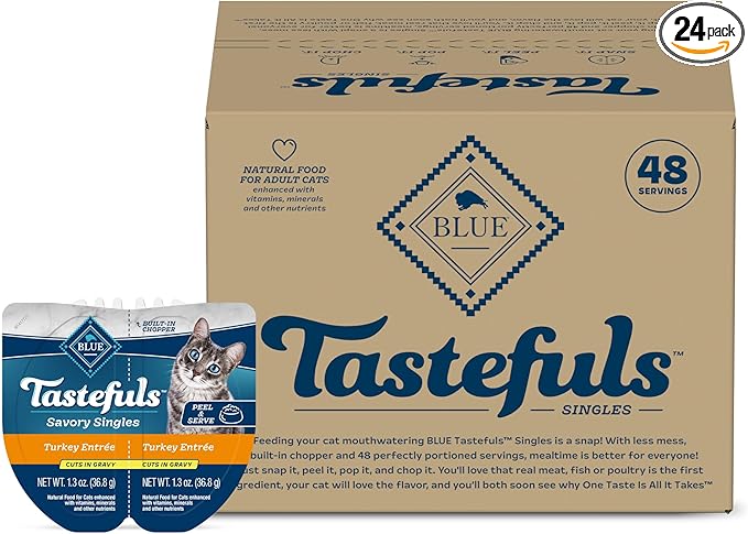 Blue Buffalo Tastefuls Savory Singles Natural Wet Cat Food in Gravy, 2.6-oz. Twin-Pack Tray, Turkey Entreé (24 Count)