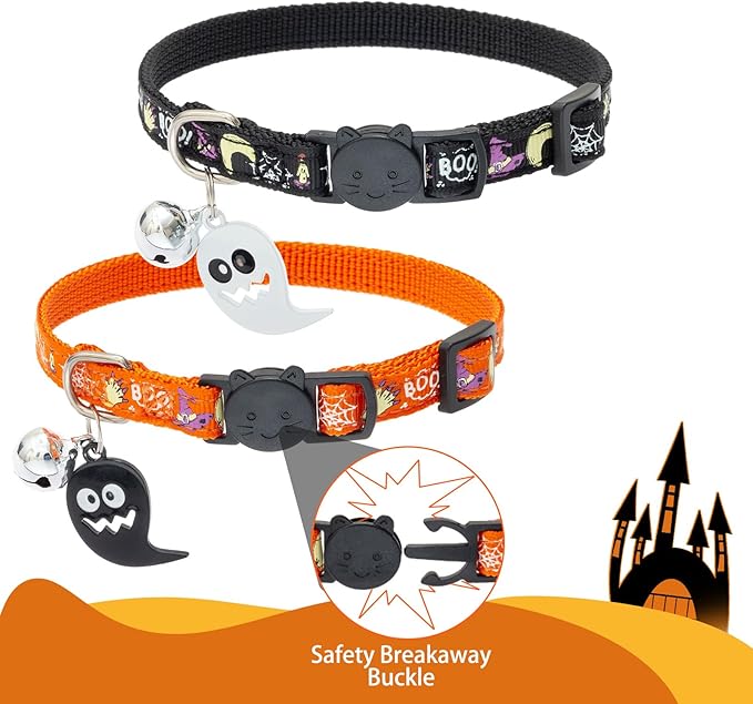 EXPAWLORER Halloween Cat Collar Breakaway - Glow in The Dark Holiday Pet Kitten Collar with Bell and Cute Ghost Pendant, Ideal Gift Adjustable Safety Collars for Cats, 2 Pack