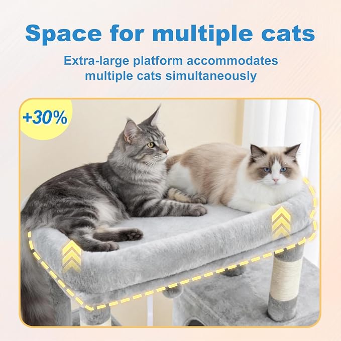Hey-brother Cat Tree Tower, Large Sisal Scratching Posts with Big Platform, 3 Spacious Condos, Plush Hammock, Toy, 57.5 Inches Multi-Level Furniture for Indoor Adults Maine Coon, Light Gray MPJ083W