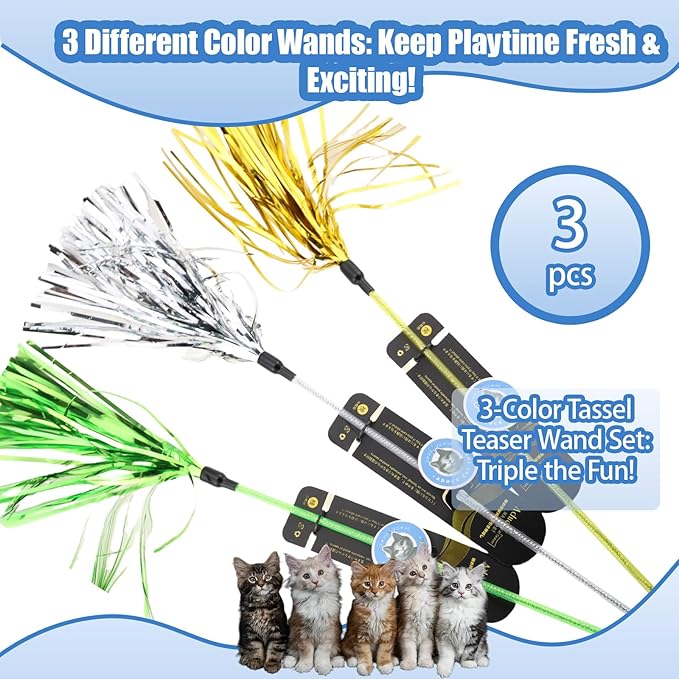 ADUCK 3 Pack Cat Wand Toy for Indoor Cats, 22-Inch Interactive Tassel Teaser Kitten Toy for Exercise and Play, Durable PE Wand Chaser Without Loose Parts (Gold, Silver, Green)