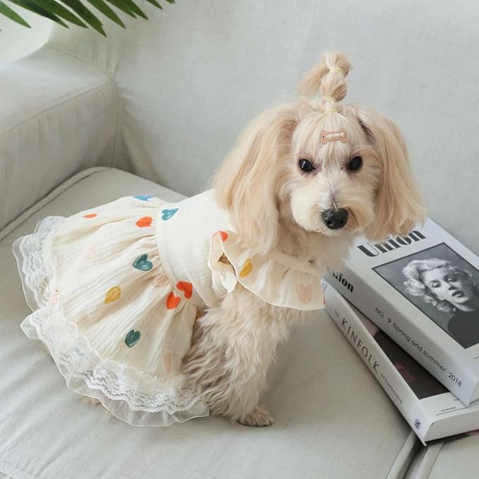 1 PC Adorable Heart Pattern Ruffle Trim Dog Cat Dress Princess Style Lace Trim Summer Outfit for Small to Medium Pets Yellow Pet Apparel for Kittens and Puppies S