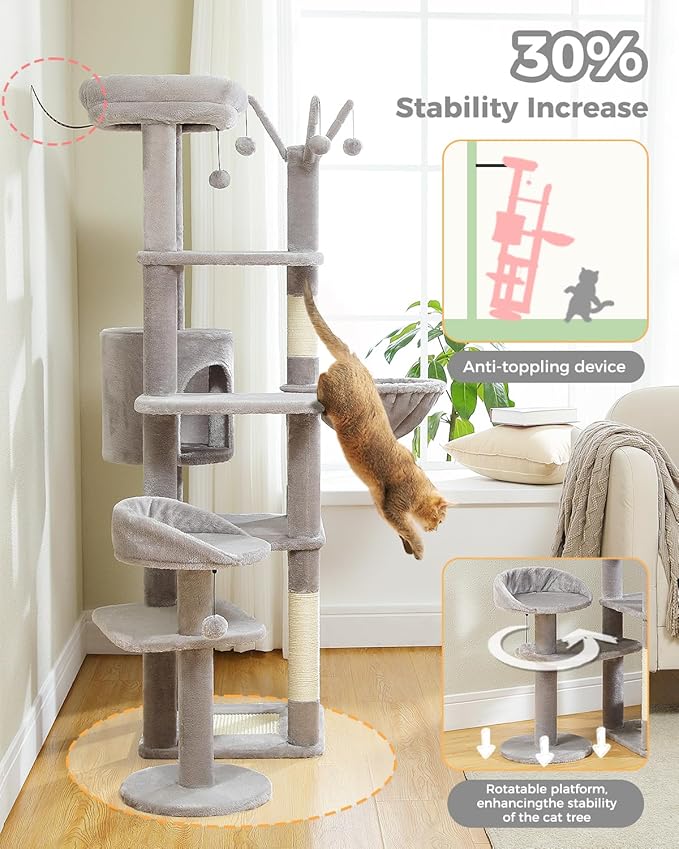 MUTTROS 59" Cat Tree, Tall Cat Tower for Large Cat, Multi-Level Tower with 3 Removable Pompom Sticks, Cat Tree for Indoor Cats, Condo with Large Hammock, Scratching Post, and 2 Perches, Grey