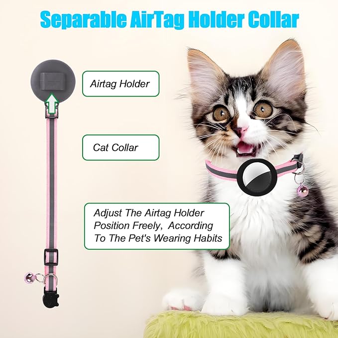 Reflective Cat Collar Fits for AirTag Holder, Breakaway Safety Buckle, Bell & Adjustable Strap for Cats Kittens - Compatible with Apple AirTag, Anti-Lost Pet Tracker Collar,Pink