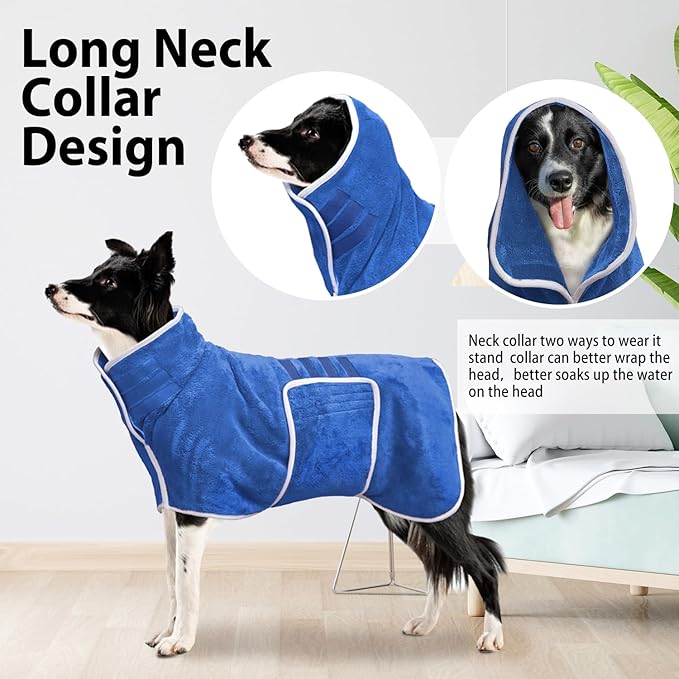 Dog Bathrobe Towel Dog Drying Coat - Super Absorbent Towels Bath Robe for Dogs Large, Soft Adjustable Collar & Belly Strap Fast Drying Coat Pet Cat Bath Robe (Medium Blue‌, X-Large)