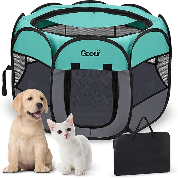 Goozii Pet Cat Playpen for Indoor Cats Enclosed, Puppy Dog Play Pen for Outdoor Travel Camping (Medium Size, Green & Dark Grey)