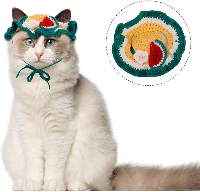 Knitted Cat Hat, Cute Small Flower Watermelon Crochet Cat Hat for Dog Puppy Pet Halloween Xmas Knit Cap Decoration(Green)