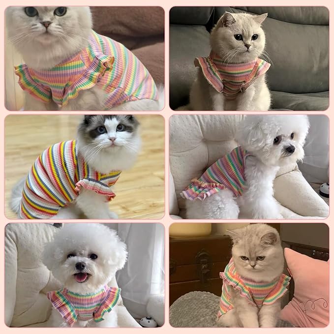 Dog Dress Clothes Puppy Birthday Outfit Pet T-Shirt Cut Rainbow Striped Summer Skirt Dresses for Small Medium Dogs Cats