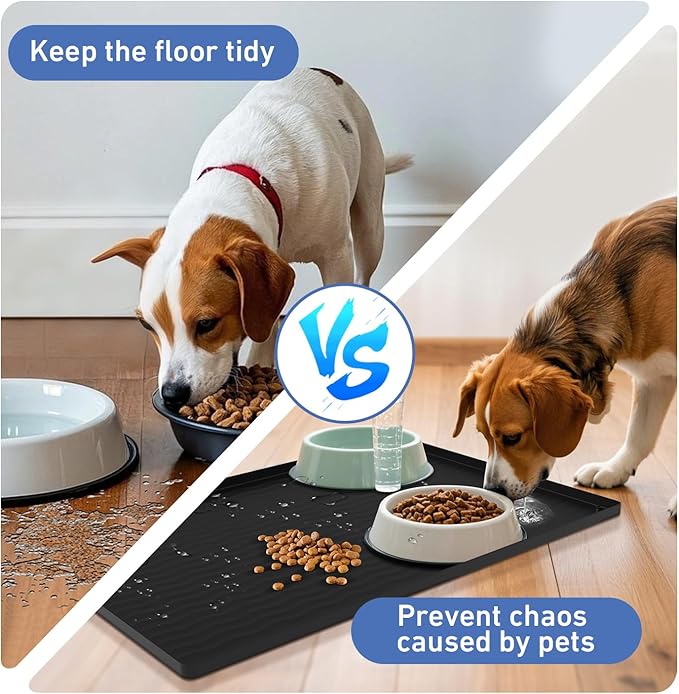 URMONA 19" x 19" Silicone Pet Feeding Mat, Dog Cat Food and Water Mat, Waterproof Raised Edge Cat Litter Box Tray, Rubber Pets Accessories, Puppy Kitty Essentials（Black）