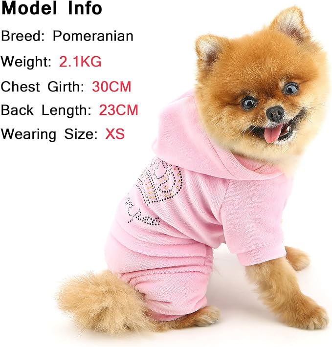 SMALLLEE_LUCKY_STORE Dog Hoodies for Small Dog Girls Rhinestone Crown Doggie Outfits Puppy Pajamas with Leash Hole Stretchy Soft Velvet Clothes 4 Legged Jumpsuit Pet Tracksuit Cat Apparel