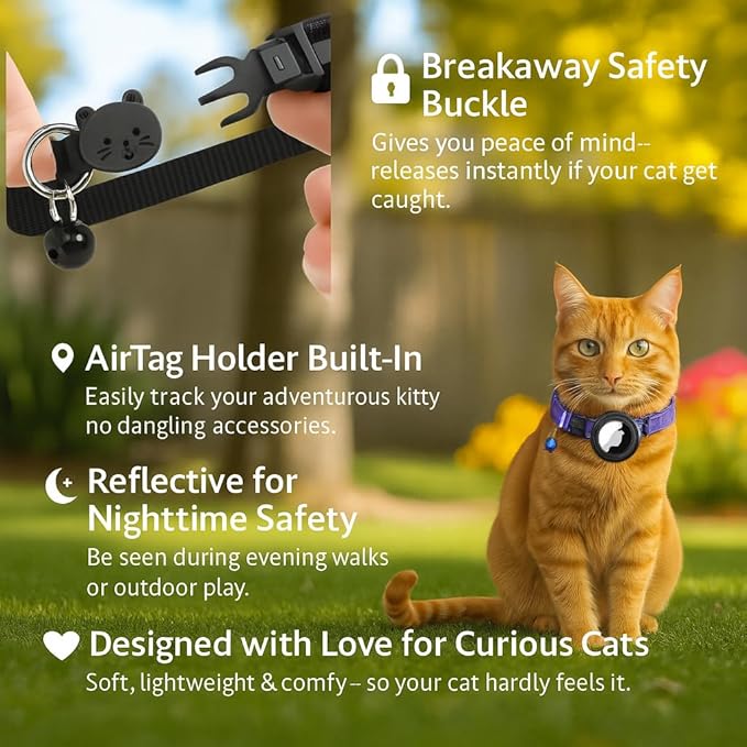AirTag Cat Collar Breakaway with Apple Air Tag Holder & Bell - Reflective Adjustable Kitten Collar, Lightweight Nylon Safety Release Buckle for Boy Girl Cats, Indoor Outdoor (Fits 8-11 in)