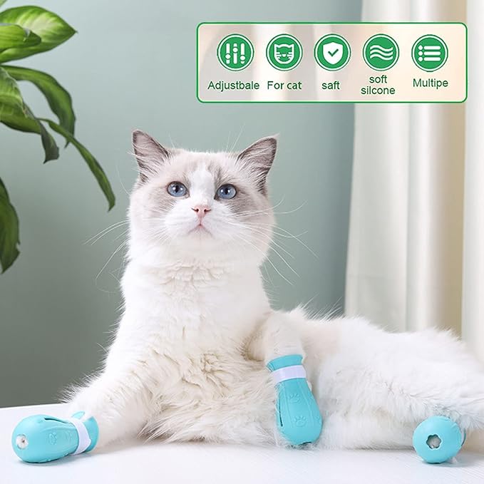 Anti-Scratch Cat Shoes 4 Pack, Pet Supplies Scratch Deterrent Booties, Grooming Accessories Silicone Nail Gloves, Adjustable Claw Cover for Bathing Shaving Checking Treatment (Blue)