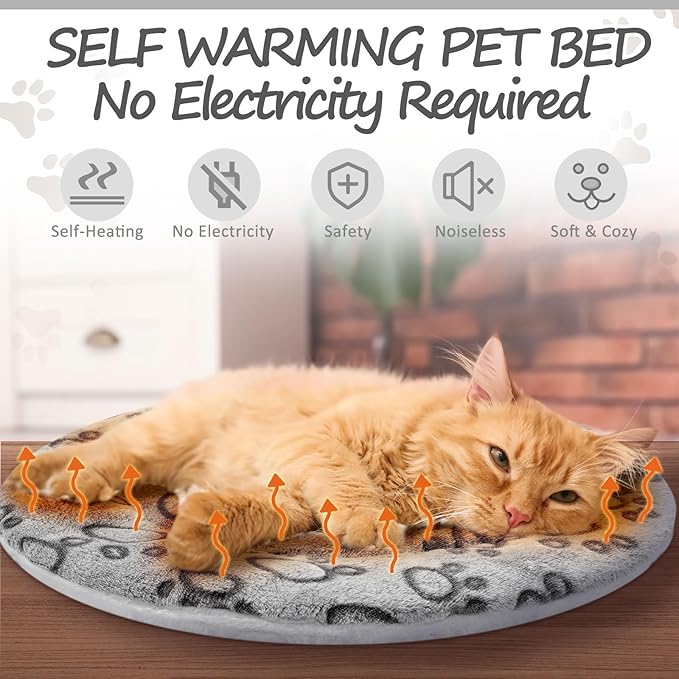 VitalCozy 2 Pack Self Heating Cat Pad Self Heating Cat Bed Machine Washable Heat Pet Mat Reversible Body Thermal Warm Round Dog Bed Crate Blanket for Feral and Indoor Cats(16'',Grey Dog Paw)