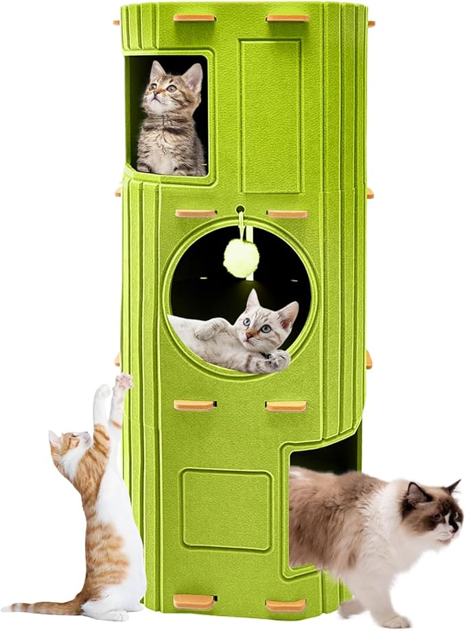 Homegroove Cat House for Indoor Cats, 3-Storey Cozy Felt Cat Bed Cave with Tunnel Hideaway, Large Multi-Cat Condo for Rest & Play (Green, X Large)