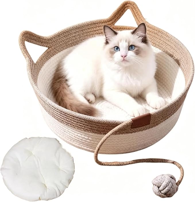 Handwoven Cotton Rope Interactive Cat Bed Basket, Foldable & Scratchable Nest with Toy Ball and Cushion, Stimulating Instinct Basket for Cats & Kittens, Silent Play Cat Basket Nest(Brown,Large)