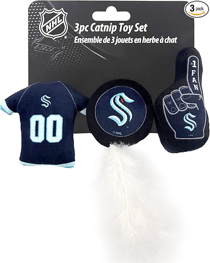 BEST PLUSH NHL SEATTLE KRAKEN 3-Piece Cat Toy Set - Jersey, Hockey Puck & #1 Fan Toys Filled with Fresh Catnip