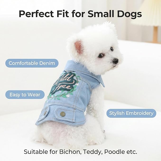 Dog Denim Vest Harness with D-Ring, Jean Jacket for Small Dogs & Puppies, Adjustable Pet Clothes for Chihuahua Yorkie Poodle, “Wild & Free” Embroidered Outfit(XS)