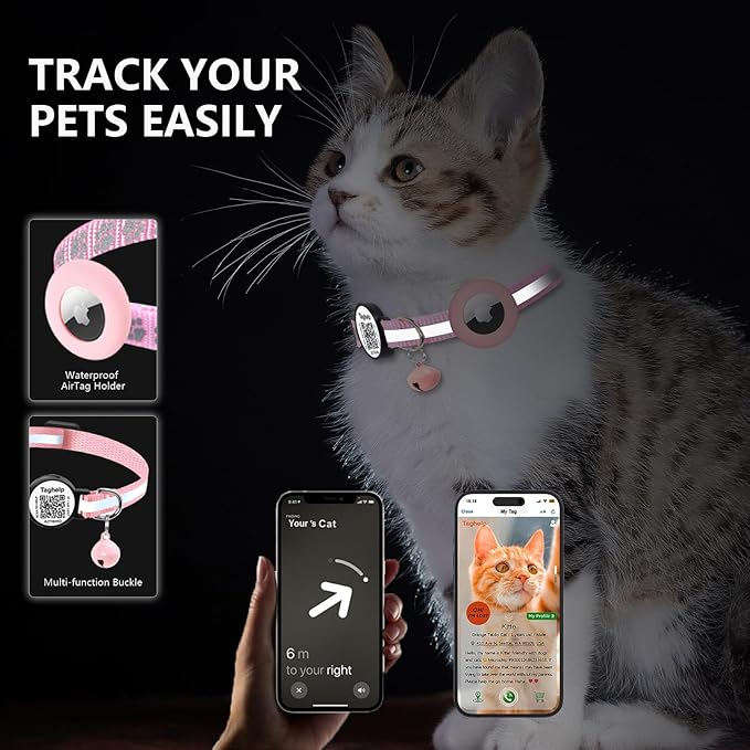 Smart QR Code Cat Collar - 2 Pack Breakaway Safety Collar with Online ID Profile, Reflective, Glow in The Dark & AirTag Holder for Kitten, Cats - Adjustable, Bell Included (Black)