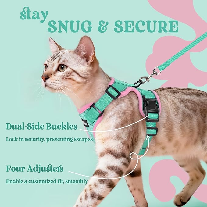 rabbitgoo Cat Harness and Leash for Walking, Escape Proof Soft Adjustable Vest Harnesses for Cats, Easy Control Breathable Reflective Strips Jacket, Green&Pink, S