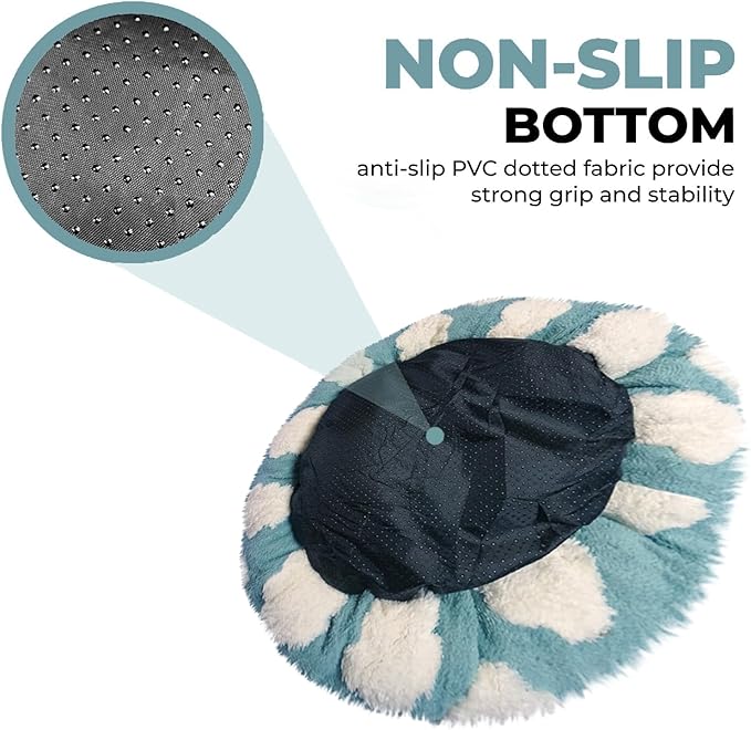 Whiskers & Friends Cat Beds for Indoor Cats, Fluffy Calming Donut Cat Bed, Small Dog Bed Washable - Orthopedic Soft Plush Pet Beds Sized for Kitten to Large Cats & Puppy to Small Dogs - Blue White