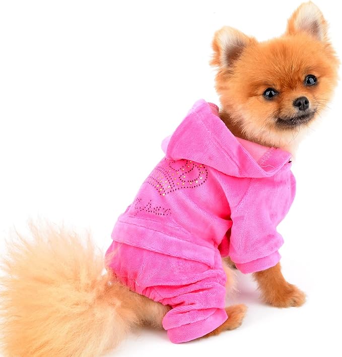 SMALLLEE_LUCKY_STORE Pet Clothes for Small Dog Cat Soft Velvet Crown Jumpsuit Coat Hooide Pajamas Tracksuit Pink S