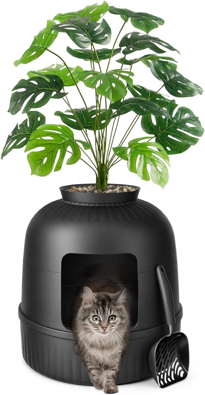 Lifewit Cat Litter Box, Hidden Enclosure Litter Tray with Odor Control & Carbon Filter in Living Room, Bedroom, Corner with Faux Plant& Stainsteel Scoop, 48 x 120 cm/19x47, Black