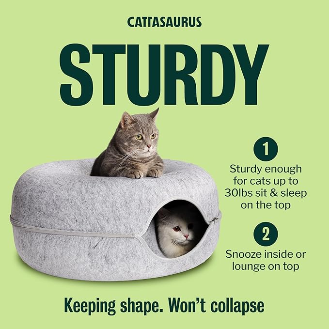 Cattasaurus Peekaboo Cat Cave Donut for Multiple & Large Cats up to 30-45 lbs, 3-in-1 Self Warming Cat Bed, Tunnel & Scratcher for Indoor Cats, Washable & Detachable (Light Gray + Light Gray, Large)
