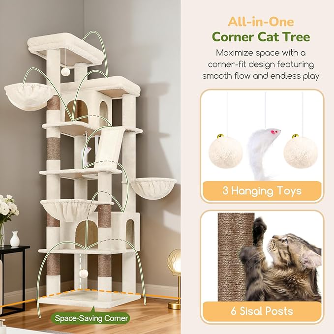Globlazer Extra Large Cat Tree Tower 80in XXL Tall Cat Tree for Multiple Indoor Cats Large Adult Kittens with Scratching Posts, 2 Widened Perches, Adjustable Baskets, 2 Cozy Cat Condos, S80G, Beige