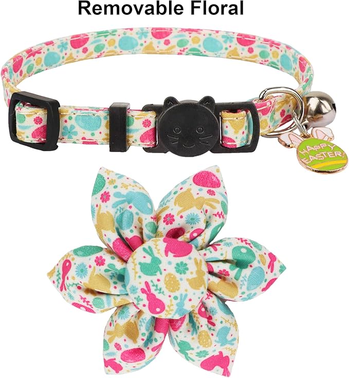 ADOGGYGO Easter Cat Collars with Removable Flower Bell, Adjustable Rabbit Easter Eggs Pattern Cat Floral Collars for Cats Kittens