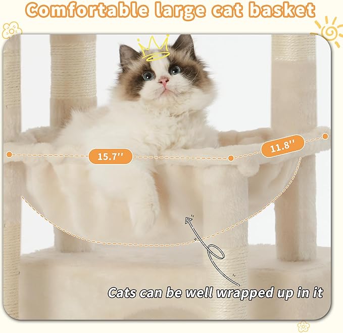 Heybly Cat Tree, Kitten Tower with Large Soft Cat Basket,Cat Condo with Spacious Cat Bed Cave with Hidden Space，Sisal-Covered Scratching Posts,Dangling Ball for Indoor Cats, Beige HCT008SM