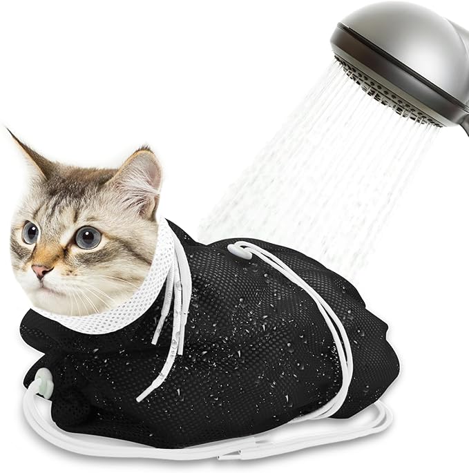 Cat Bathing Bag, Breathable Mesh Cat Shower Bag Anti Scratch Adjustable Grooming Washing Bag for Nail Trimming Soft Polyester