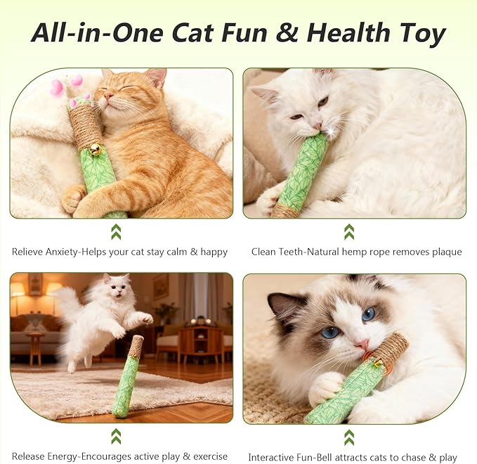 3 Pack Catnip Toys for Cats, Funny Kicker Cat Toys with Dental Rope & Jingle Bell, 100% Organic Catnip Catnip Toys, Bite-Resistant Chew Toy for Kitten Teething, Indoor Cat Toys
