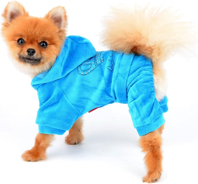 SMALLLEE_LUCKY_STORE Pet Clothes for Small Dog Cat Soft Velvet Crown Jumpsuit Coat Hooide Pajamas Tracksuit Blue M
