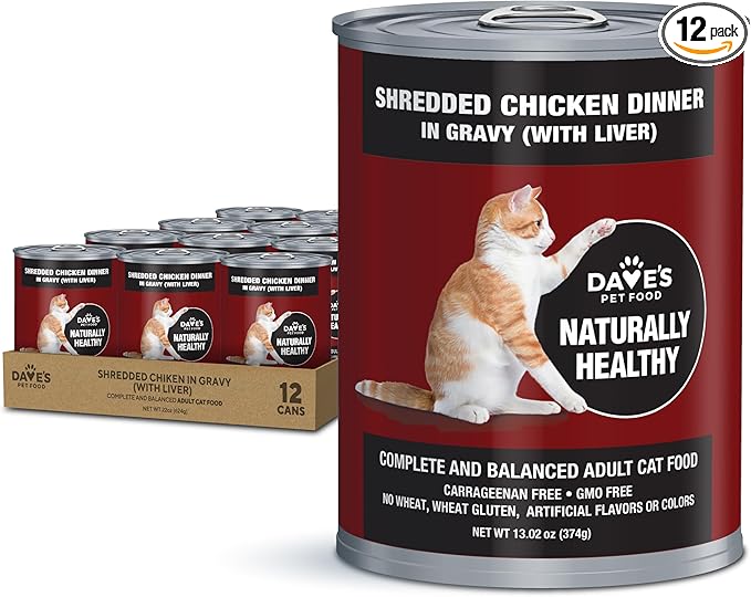 Dave's Pet Food Grain Free Wet Cat Food (Shredded Chicken in Gravy), Made in Canada Naturally Healthy Canned Cat Food, 13.2 oz (12 Pack)
