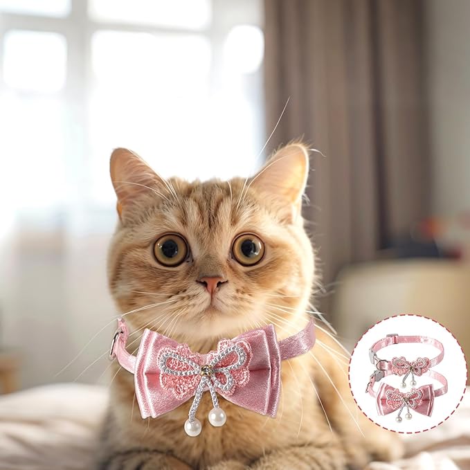 2pcs Adorable Cat Collar with Bow, Adjustable Breakaway Pink Collar for Girl Cat with Pearl Pendant Detachable Kitten Bowtie Accessories (2 Styles)
