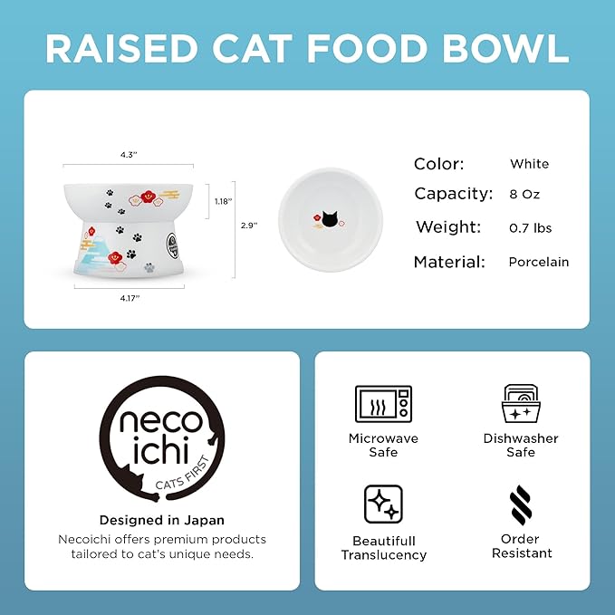 Necoichi Raised Cat Food Bowl – Ceramic Elevated Cat Bowl for Whisker & Neck Fatigue, Dishwasher Microwave Safe – Non-Slip & Anti Vomiting Ergonomic Design (Fuji, Regular, 1-Cup Capacity)