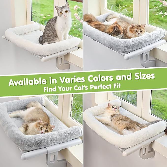Zoratoo Cat Window Sill Perch with Large Bolster, Easy to Adjust & Assemble Cat Window Seat for Windowsill & Bedside, Pet Hammock Bed for Large Cats and Kittens (White, M)