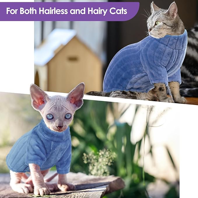 Sweaters for Cats, Hairless Sphynx Sweater Kitten Pullover with Sleeves, Warm and Soft Cat Pajamas Fleece Sweatshirt Jumpsuit, Turtleneck Clothes for Fall Winter, Blue S