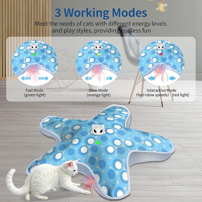 Rechargeable Interactive Cat Toys, Automatic Cat Toy for Indoor Cats, Durable Hide and Seek Cat Toy with Moving Concealed Feathers, Touch Activated Kitten Toys Cat Exercise Toys, Blue White Cover