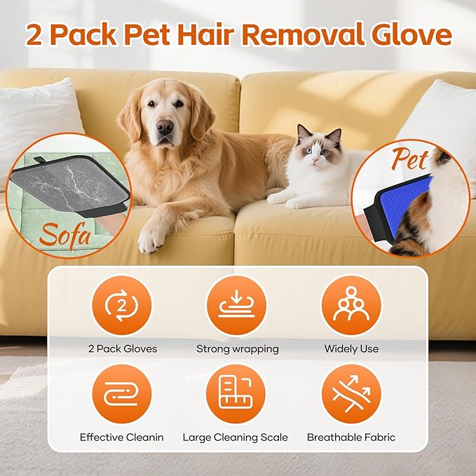 2 Pack Pet Hair Removal Glove, Pet Hair Remover Tool with with Wrist Strap, Gentle Shedding Silicone Brushes for Dogs & Cats, Efficient Pet Hair Gloves for Couch Carpet Clothing