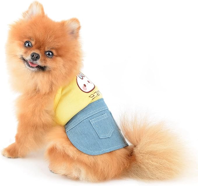 PAIDEFUL Small Girls Dog Denim Dress Spring Summer Sundress Cartoon Patch Soft Comfortable Puppy Clothes Cute Sleeveless Pullover Cats Costume Birthday Party, Yellow, M