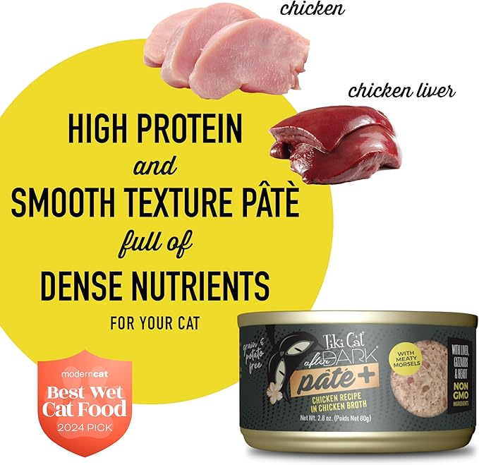 Tiki Cat After Dark Pate+, Chicken Recipe in Chicken Broth, with High Moisture Broth for Optimal Hydration, Wet Canned Cat Food, 2.8 oz. Can (12 Count)
