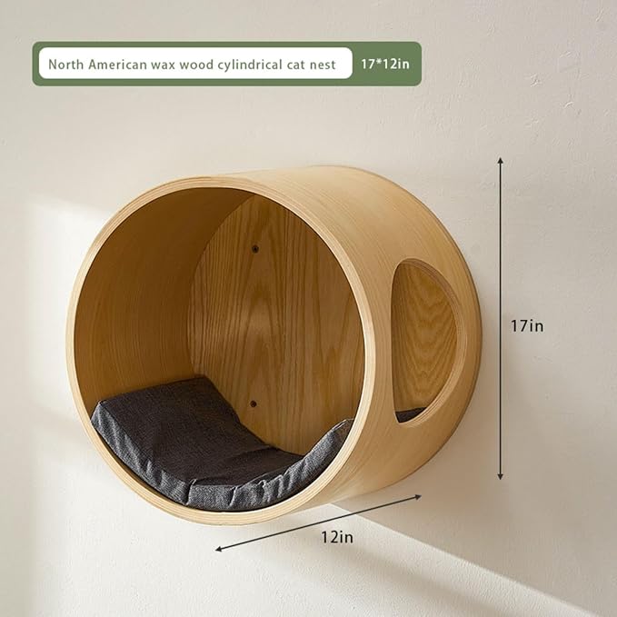 Soild Wood Round Wall Mounted Cat Bed Shelves, Cat Climbing Frame with Cushion, for Cats Sleeping, Playing, Climbing (Wood Color)