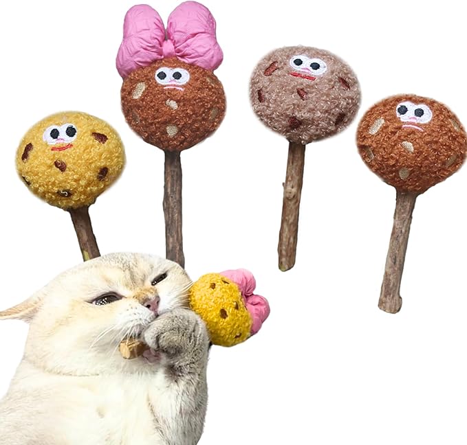 CECE PAW 4 Pack Catnip & Silvervine Lollipops, Cat Chew Toy for Kitten Teething, Interactive Cat Toy for Bored Indoor Cats, Cat Kicker Toy