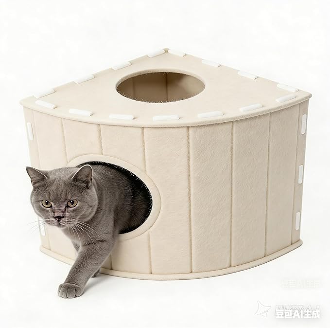 Felt Cat House Gray, Space-Saving Closed Fan-Shaped Corner Design for Wall Corners & Sofa Nooks, with Self-Adhesive Cat Scratching Pad, Warm Cozy Cat Hideaway for Indoor Kittens & Adult Cats (Beige)