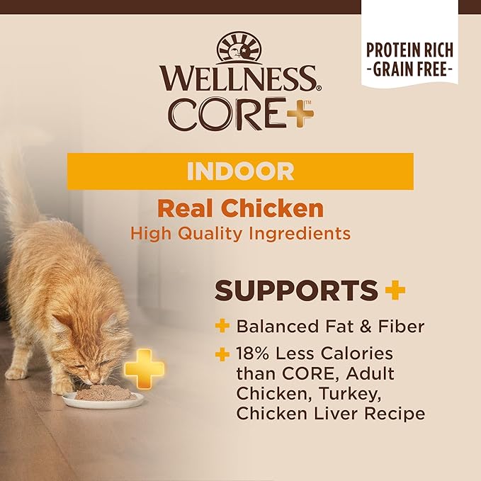 Wellness CORE+ Pate Adult Canned Wet Cat Food for Indoor Cats, Natural, Protein Rich, Grain Free, Chicken Recipe, 5.5 oz, Pack of 12 Cans