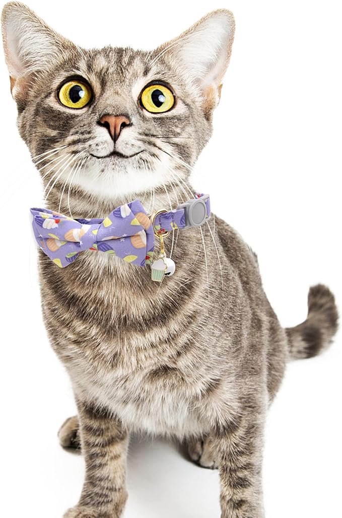 Faygarsle 2 Pack Cute Cats Collar with Bell Breakaway Bowtie Cat Collars for Male Female Cat Soft Fancy Pink Purple Cat Collar with Ice Cream Doughnuts Pattern Summer Cat Collar for Boy Girl Cats