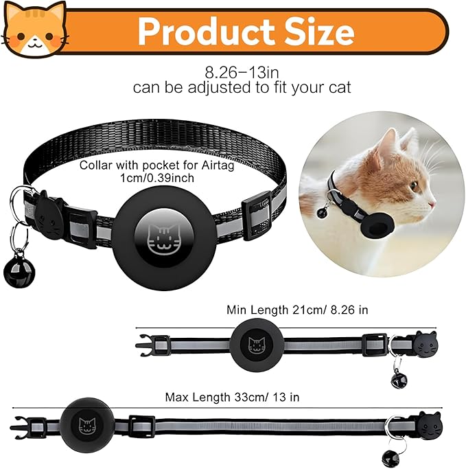 Airtag Cat Collar with Bell, Reflective Nylon Kitten Collar with Apple Air Tag Holder and Breakaway Safety Buckle for Puppy Girl Boy Cats, 3/8" in Width and Lightweight, Blue