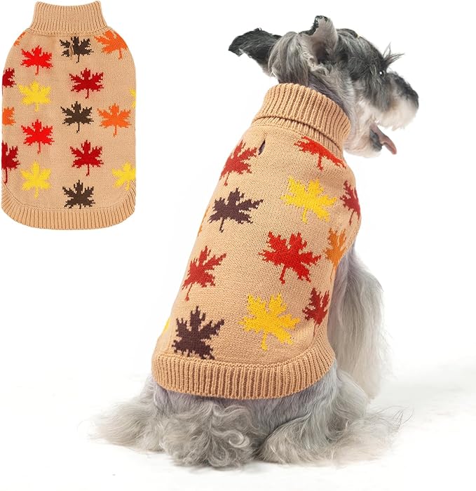 BEAUTYZOO Fall Dog Sweater - Turtleneck Knitwear for Small Dogs, Girls Boys, Maple Leaf Cable Knit Puppy Pullover, Cat Apparel in Cold Weather (Khaki, XS)